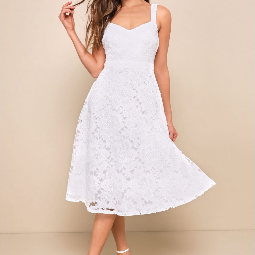 Divine Beauty White Lace Midi Dress With Pockets